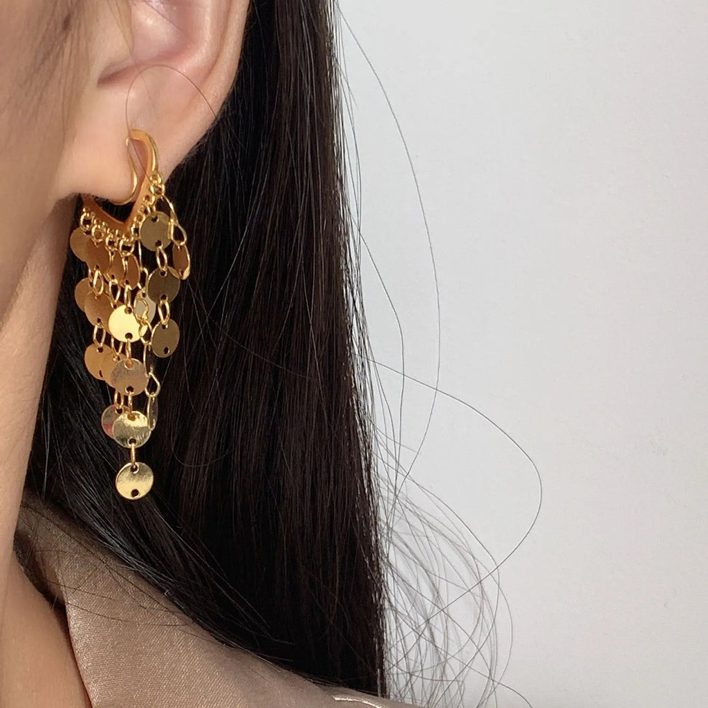 Elegant Hong Kong Style Gold Alloy Crescent Disc Sequin Tassel Stud & Clip On No Piercing Dangle Earrings