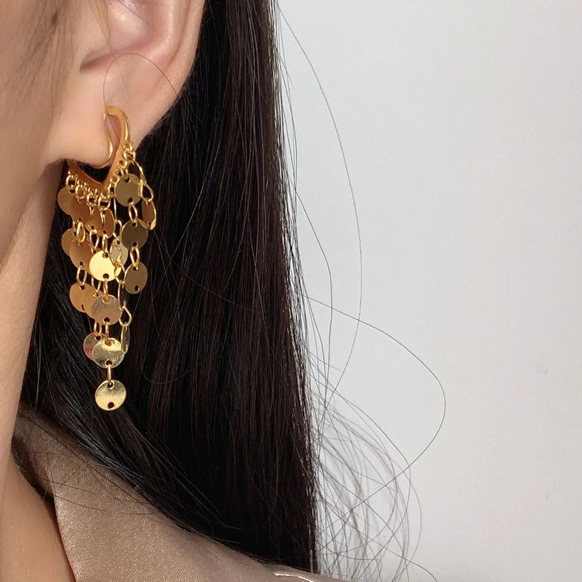 Elegant Hong Kong Style Gold Alloy Crescent Disc Sequin Tassel Stud & Clip On No Piercing Dangle Earrings