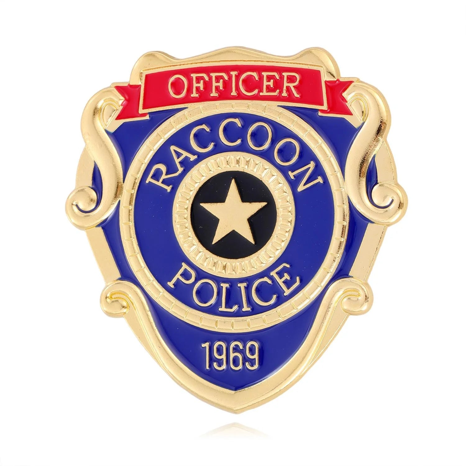 Vintage Raccoon Police Officer Badge Brooch, Gold Alloy Enamel Star Shield Lapel Pin Suit Accessory