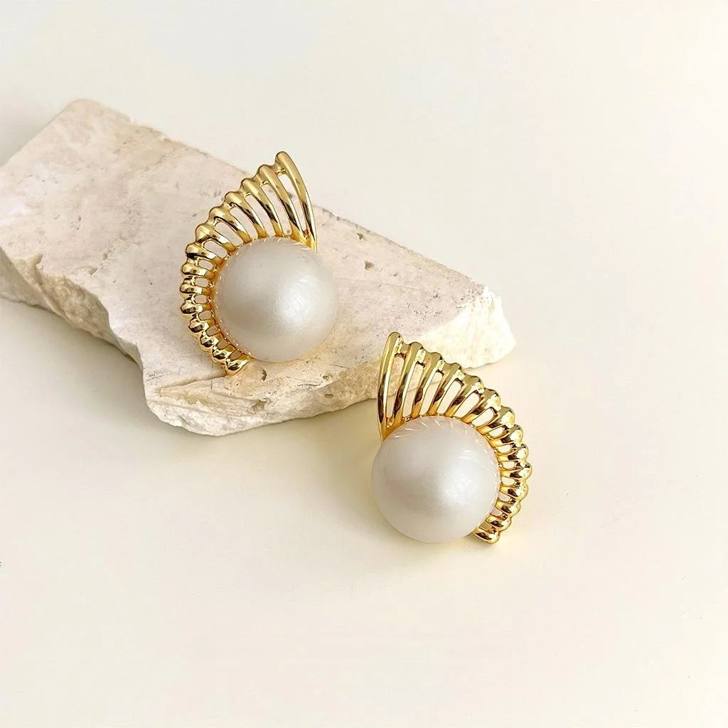 14K Gold Plated Copper Pearl Conch Geometric Hollow French Vintage Drop Earrings