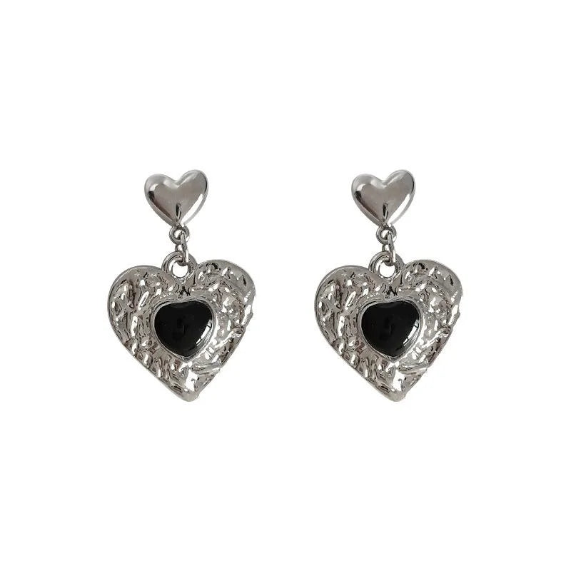 Sweet Cool Hammered Metal Heart Stud Earrings Vintage Silver Plated Post Jewelry For Women