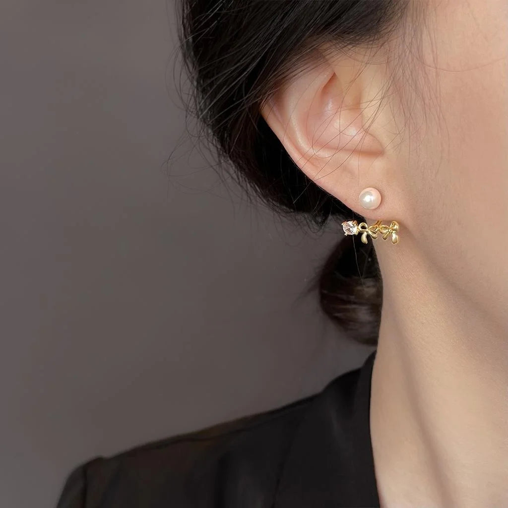 Korean Style Two Way 14K Plated Copper Bow Pearl Zircon Glass Stud Earrings