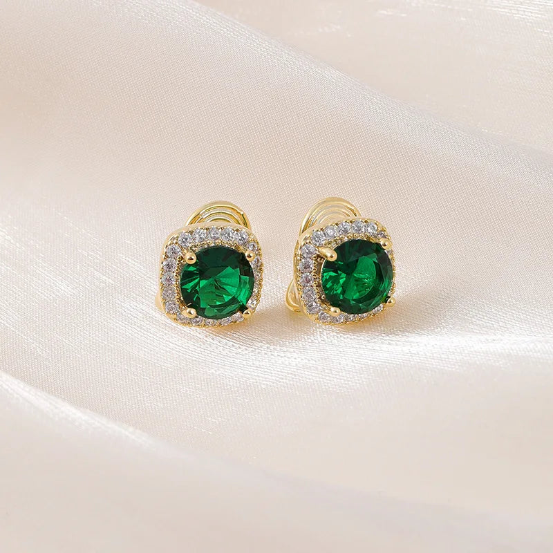 Elegant Luxury Emerald Green Oval Zircon Rhinestone Halo Geometric Stud & Clip On No Piercing Alloy Earrings