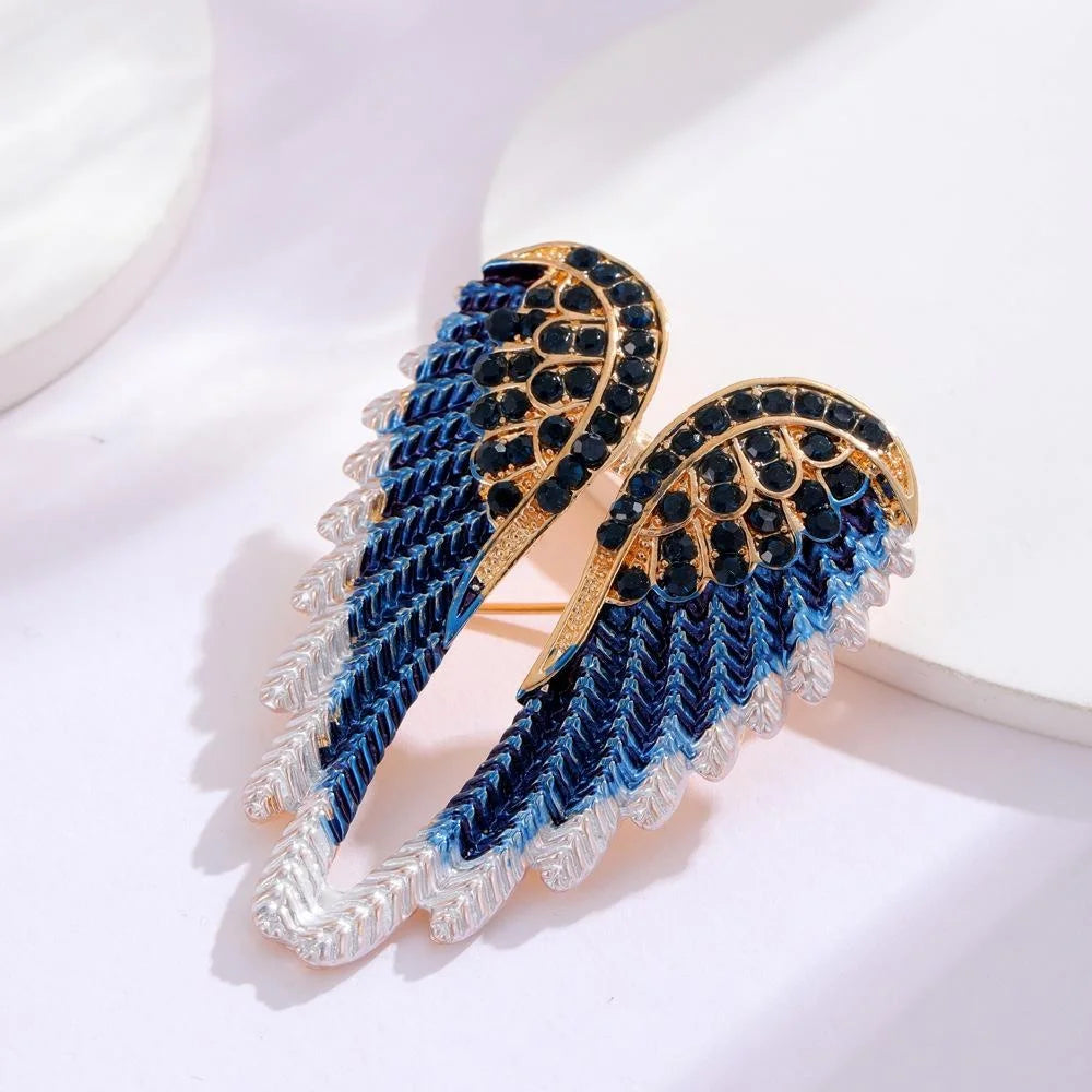 Elegant Angel Wing Brooch With Blue Enamel And Rhinestones, Alloy Lapel Pin Corsage Suit Accessory Gift