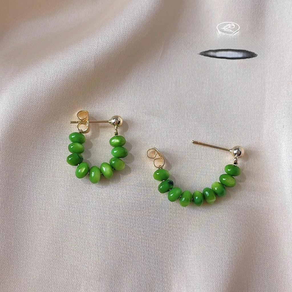 Fresh Green Shell Geometric Ring Line Drop Earrings Handmade Silver Plated Elegant Jewelry