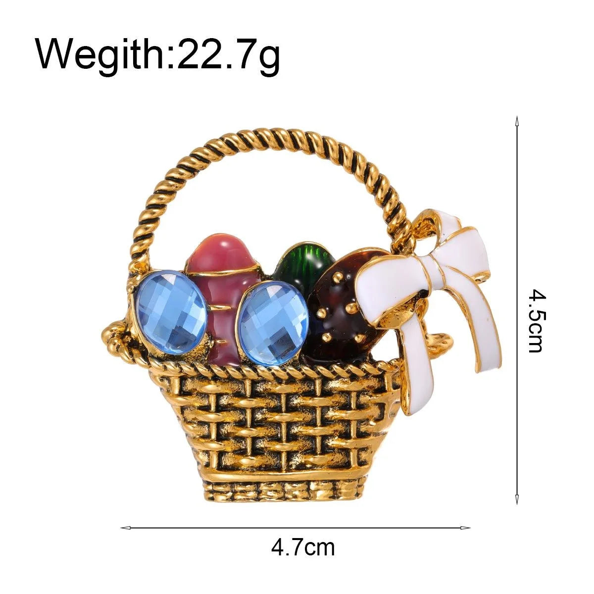 Vintage Flower Basket Brooch With White Enamel Bow And Blue Rhinestones, Cute Alloy Lapel Pin Gift