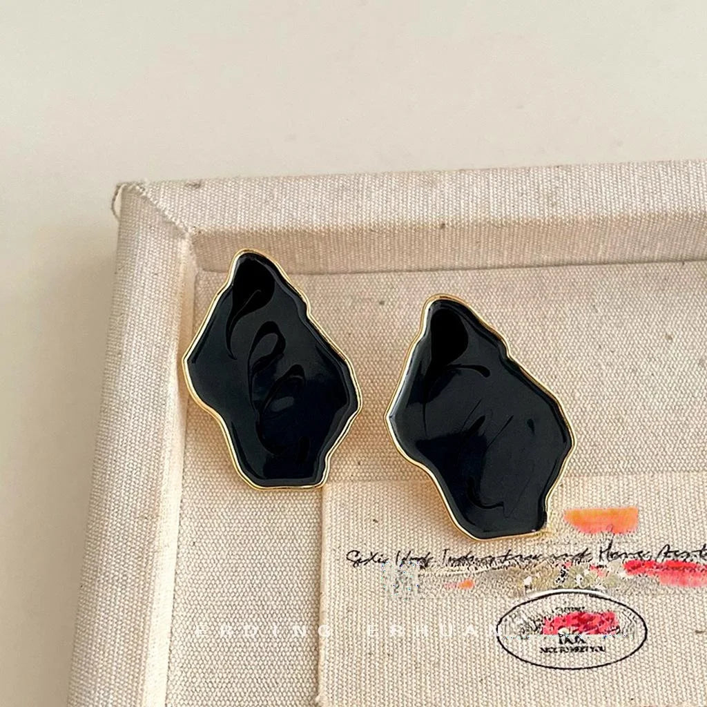 Vintage 14K Plated Irregular Geometric Gray Enamel Drop Earrings