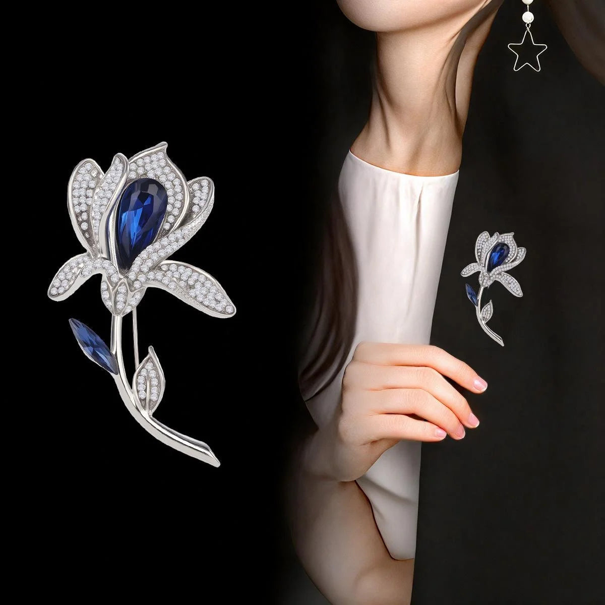 Elegant French Tulip Flower Brooch With Blue Crystal And Rhinestone Petals, Luxury Lapel Pin Gift