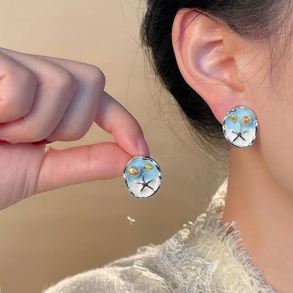 Sweet Freshwater Pearl Enamel Starfish Drop Earrings Silver Plated Beach Vacation Jewelry