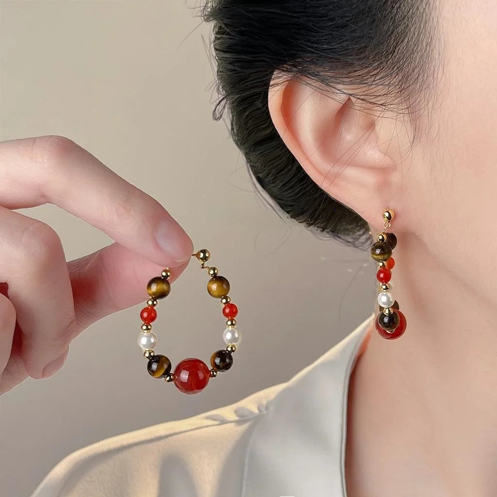 New Chinese Retro Copper Tiger Eye Red Agate Pearl Geometric Drop Earrings