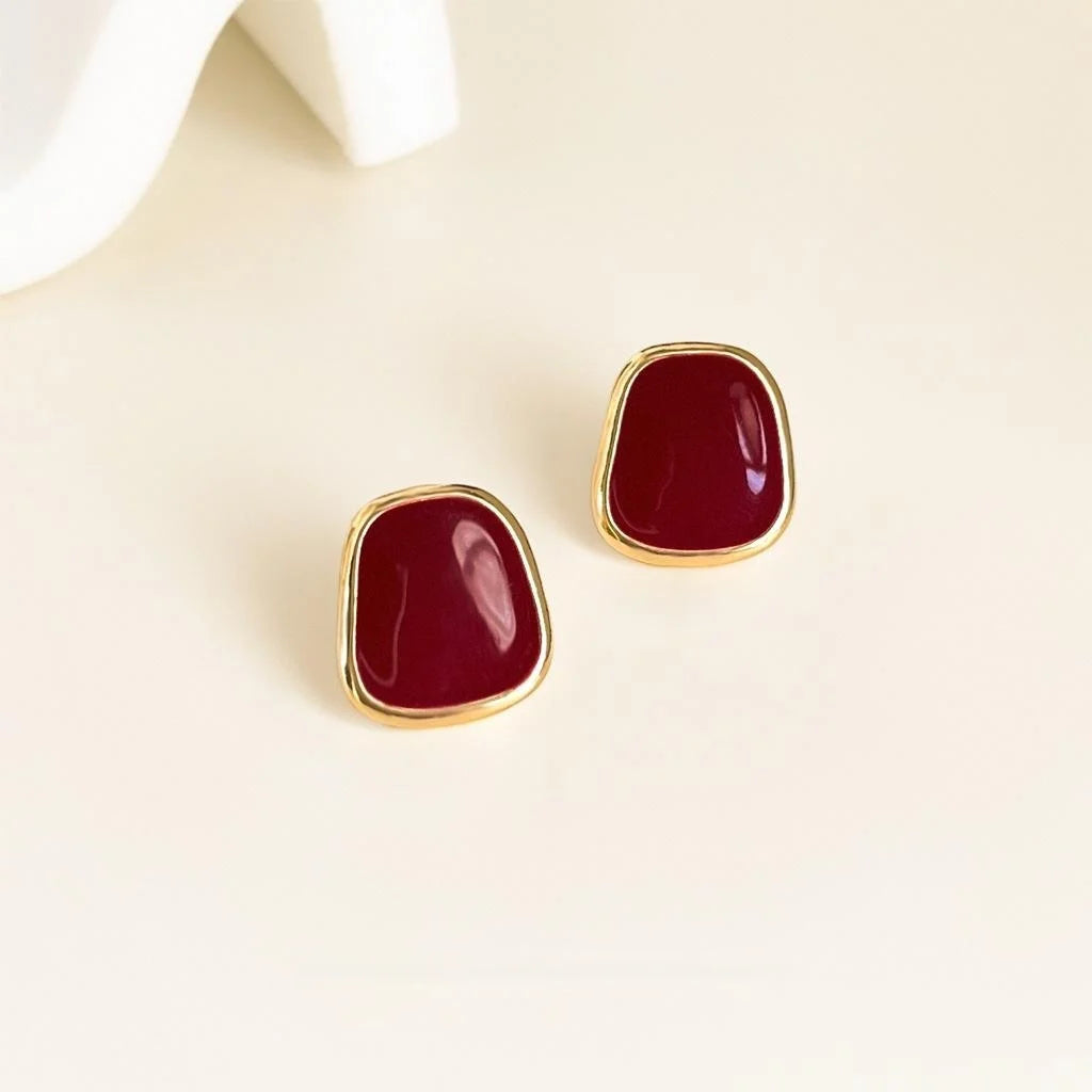 Vintage Burgundy Geometric 14K Gold Plated Enamel Copper Stud Earrings