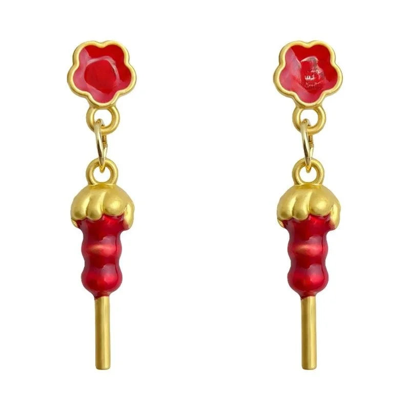 Chinese Style Red Enamel Glazed Gourd Tanghulu Flower Drop Earrings With Copper Body