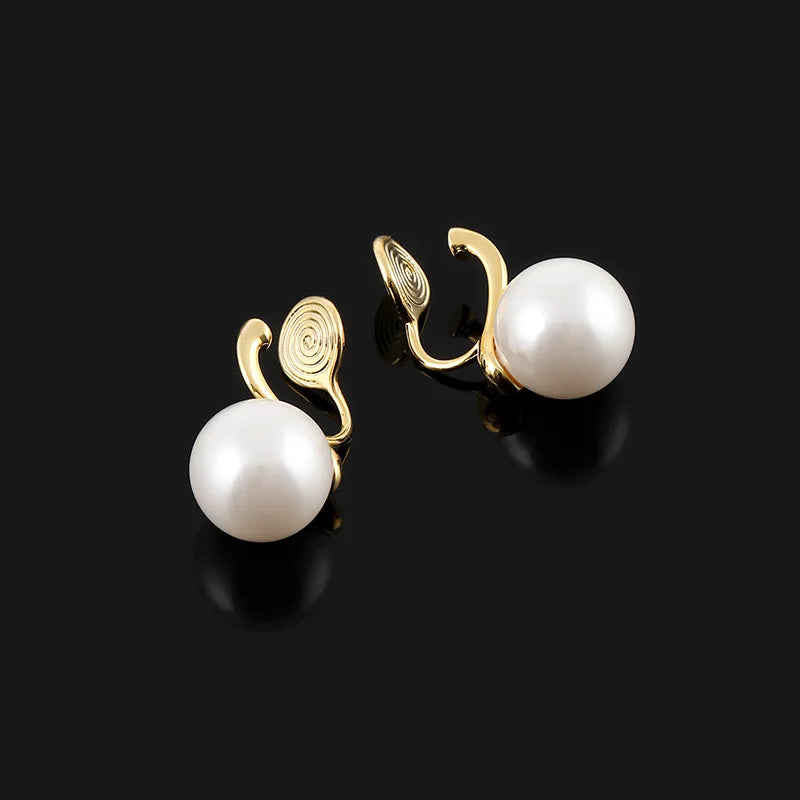 Elegant Luxury High Heel White Pearl Gold Alloy Stud & Clip On No Piercing Spiral Ear Clip Earrings