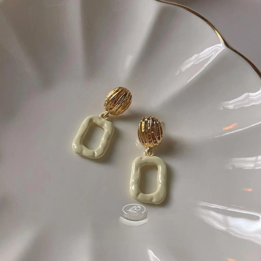 French Vintage Copper Hollow Enamel Geometric Square Stud Earrings With Ring Line Design
