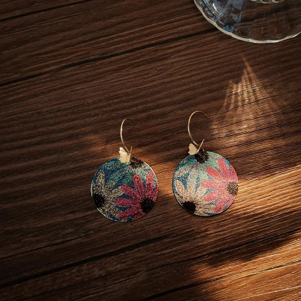 Gold Plated Copper Round Geometric Butterfly Flower Drop Earrings Ethnic Painted Statement Jewelry