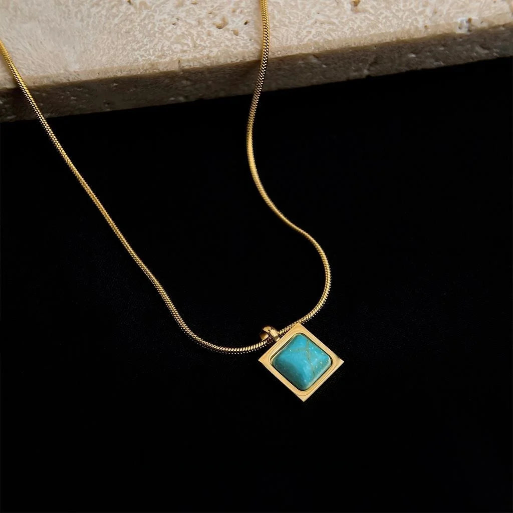 Vintage Stainless Steel Square Synthetic Turquoise Pendant Threaded Chain Necklace