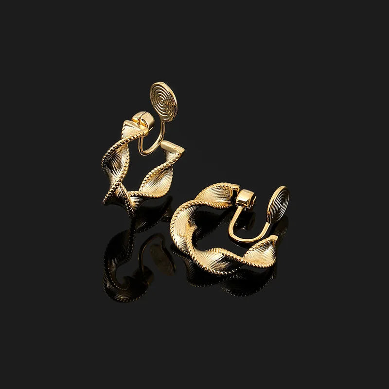 Elegant Gold Alloy Twisted Rope Hoop Stud & Clip On No Piercing Textured Spiral Circle Earrings