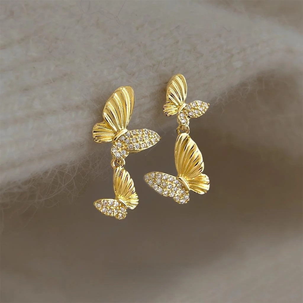 Asymmetric Copper Zircon Butterfly Drop Earrings Sweet Forest Style Women's Jewelry