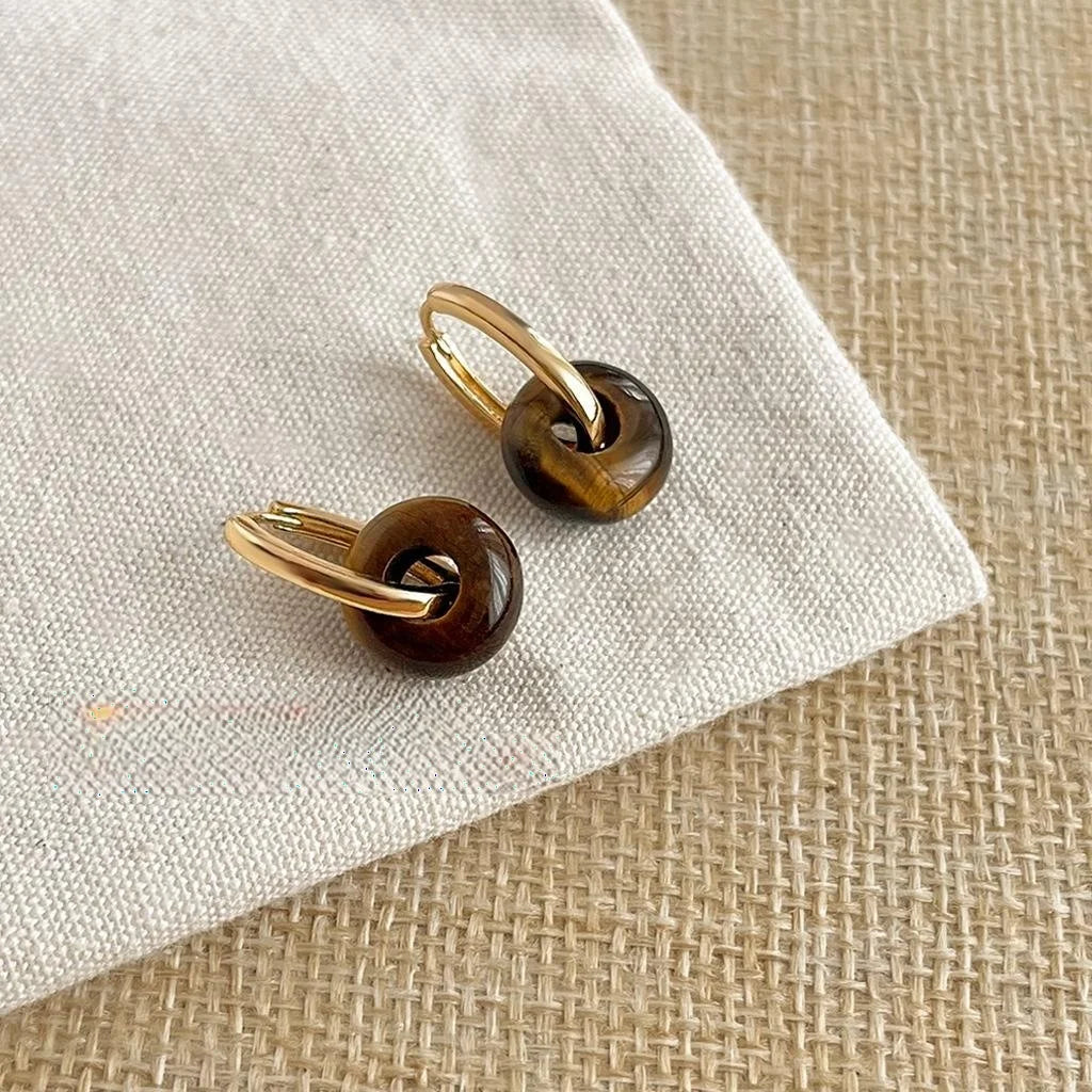 14K Gold Plated Copper Tiger Eye Stone Geometric Round Peace Buckle Drop Earrings For Women