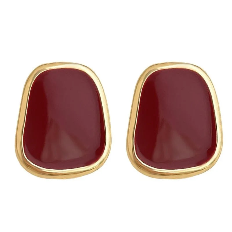 Vintage Burgundy Geometric 14K Gold Plated Enamel Copper Stud Earrings