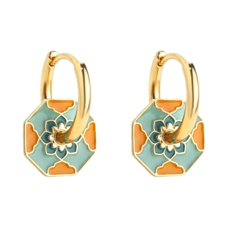 Premium Hand Painted Enamel Copper Geometric Square Flower Petal Drop Earrings For Women