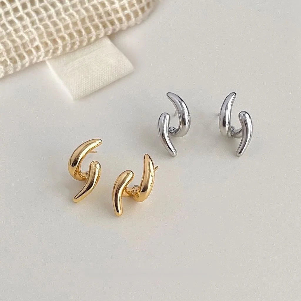 Designer Minimalist Geometric Line Stud Earrings, 14K Plated Copper