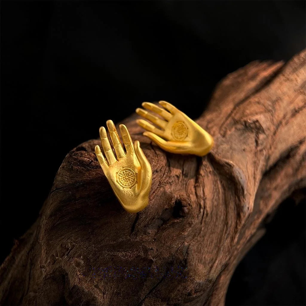 Retro Chinese Style Copper Palm Hand Stud Earrings Good Luck Jewelry