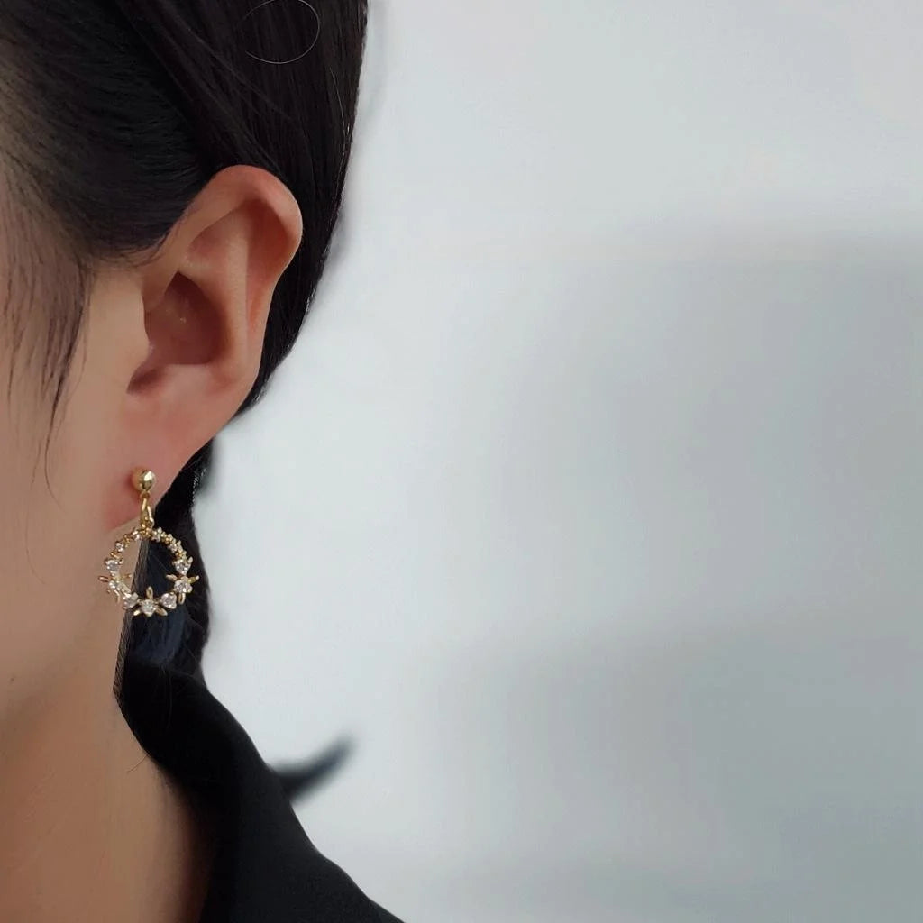 French Vintage Copper Micro Pave Zircon Floral Wreath Drop Earrings Romantic Court Style