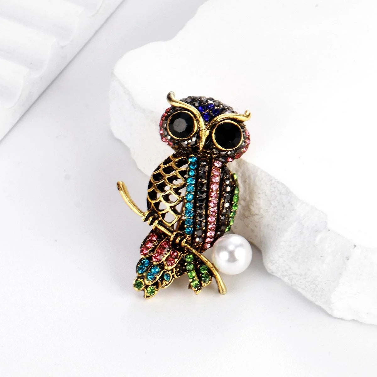 Luxury Rhinestone Owl Brooch With Pearl Accent, Vintage Alloy Animal Lapel Pin For Suit Accessory Gift