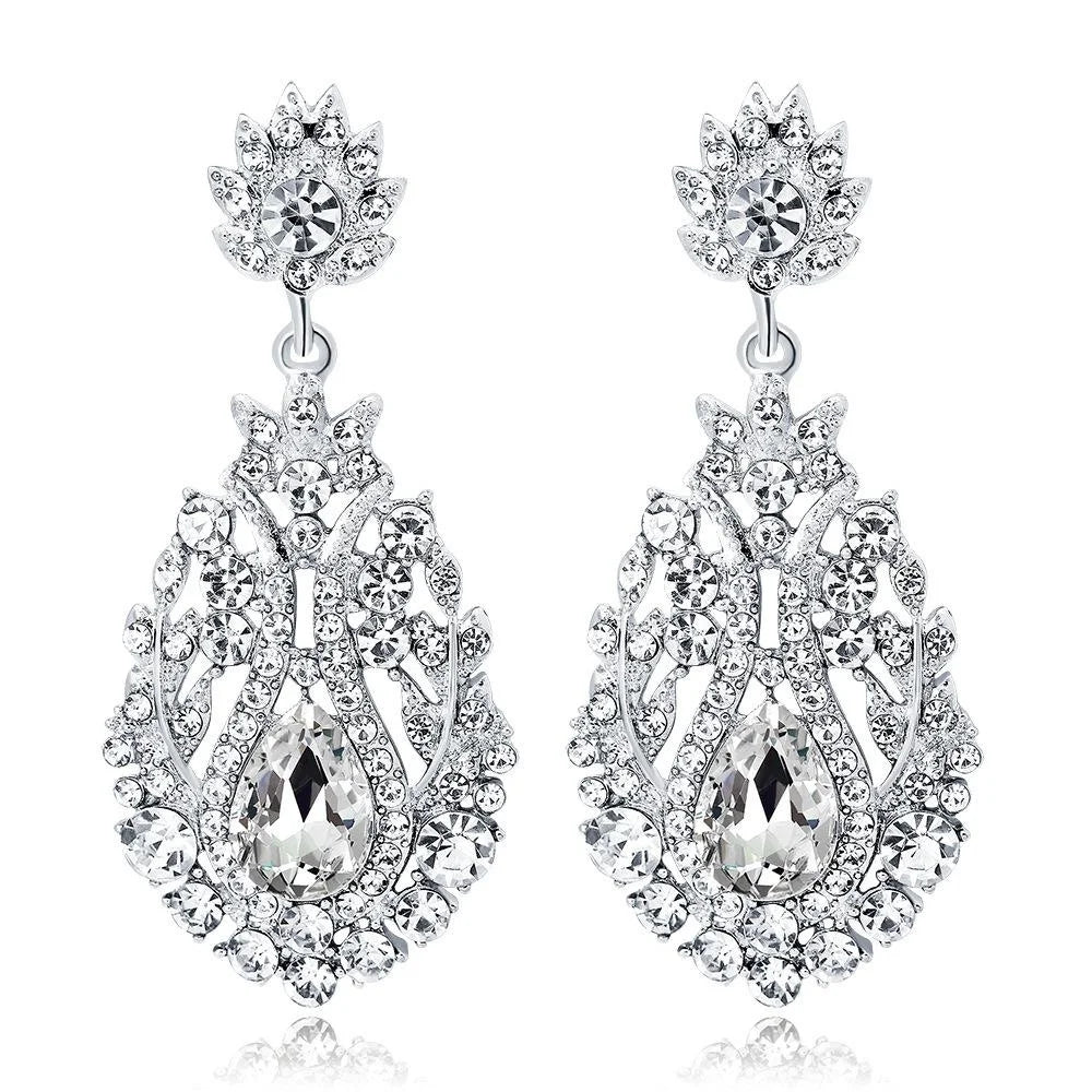 Luxury Rhinestone Crystal Teardrop Chandelier Earrings, Elegant Bridal Alloy Studs For Wedding Party Banquet