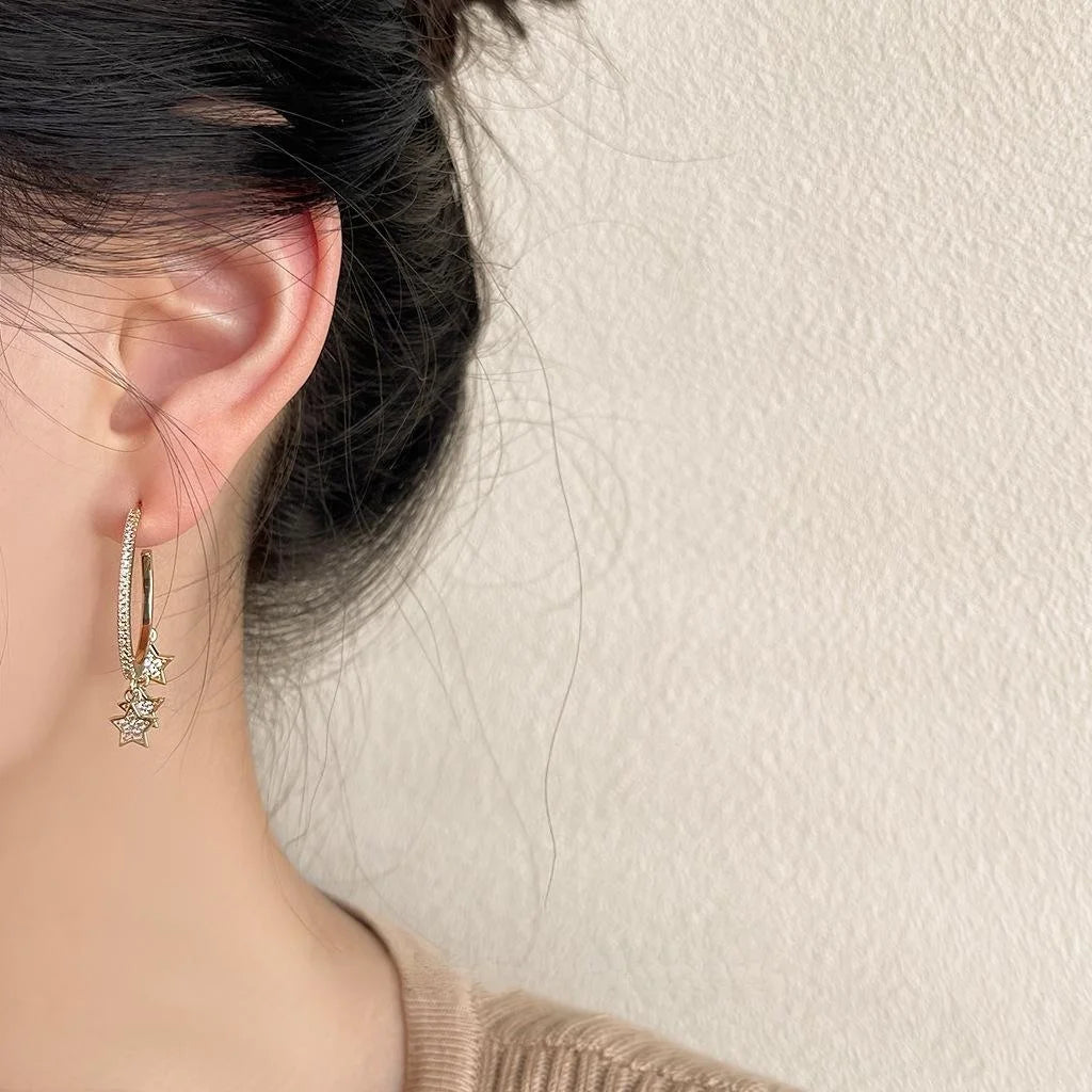Luxury 14K Gold Plated Copper Star Drop Earrings With Micro Pave Zirconia Layered Design