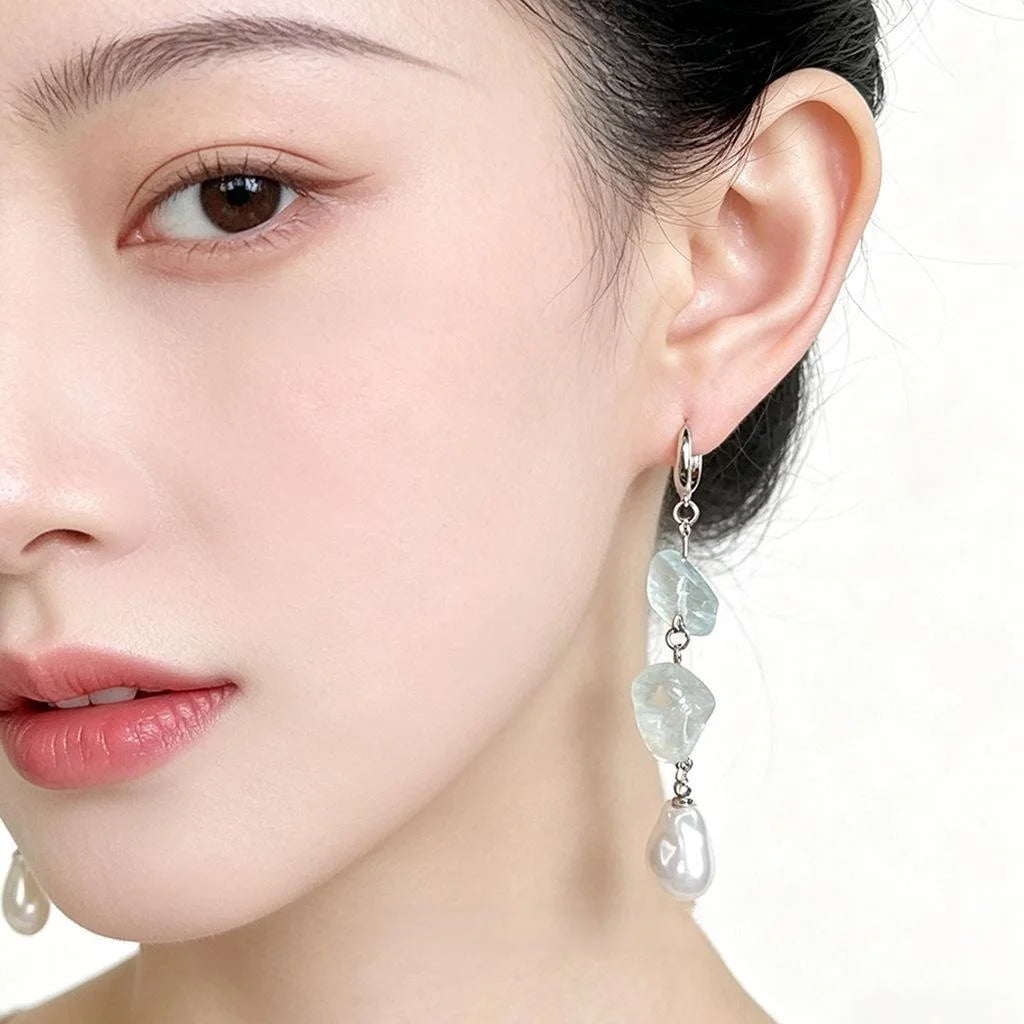 Fresh Elegant Handmade Blue Crystal Natural Stone Geometric Copper Drop Earrings For Women