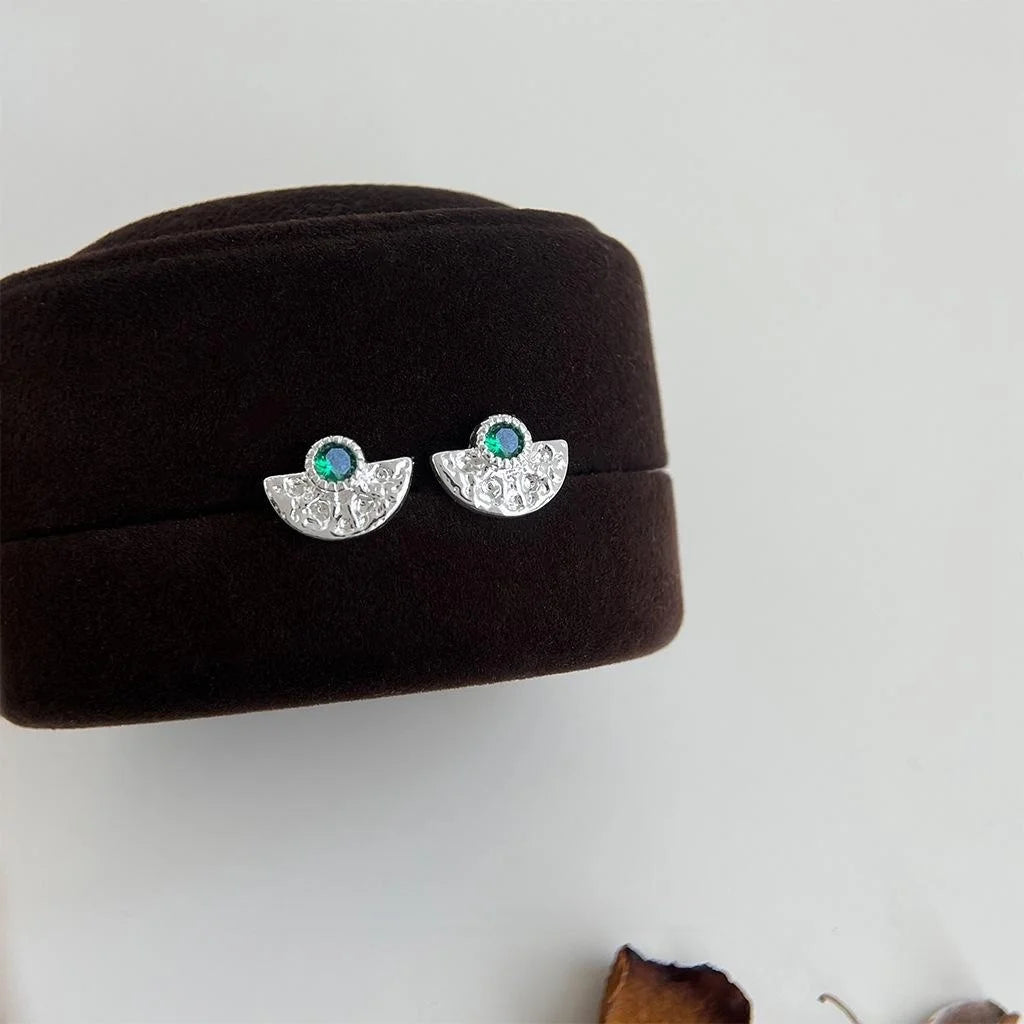 Premium Copper Fan Pleated Geometric Zircon Micro Pave Stud Earrings New Chinese Style
