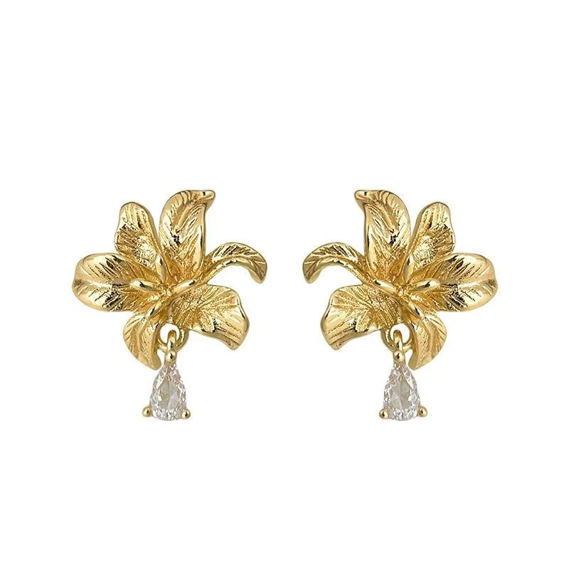 Elegant Vintage 14K Gold Plated Copper Lily Iris Dewdrop Flower Stud Earrings