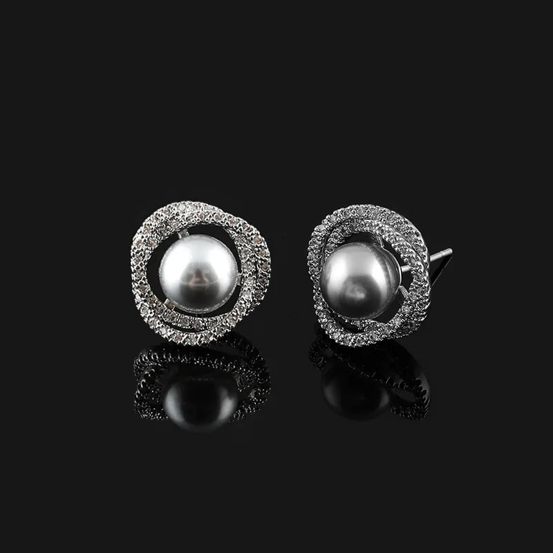 Elegant Round Spiral Rhinestone Gray Faux Pearl Stud & Clip On No Piercing Vintage French Earrings