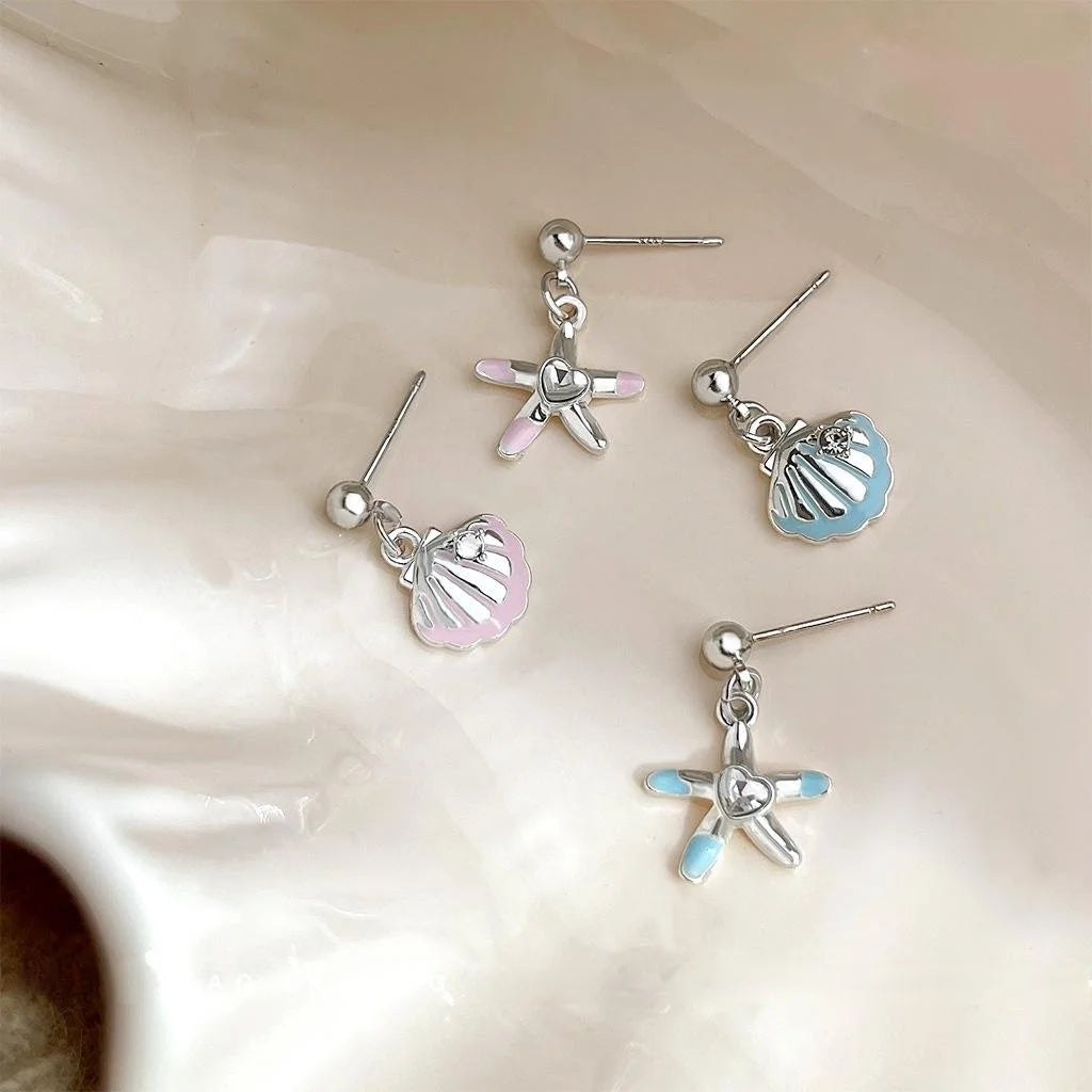 Summer Asymmetric Copper Shell Star Drop Earrings For Women, Sweet Cute Seaside Mini Jewelry