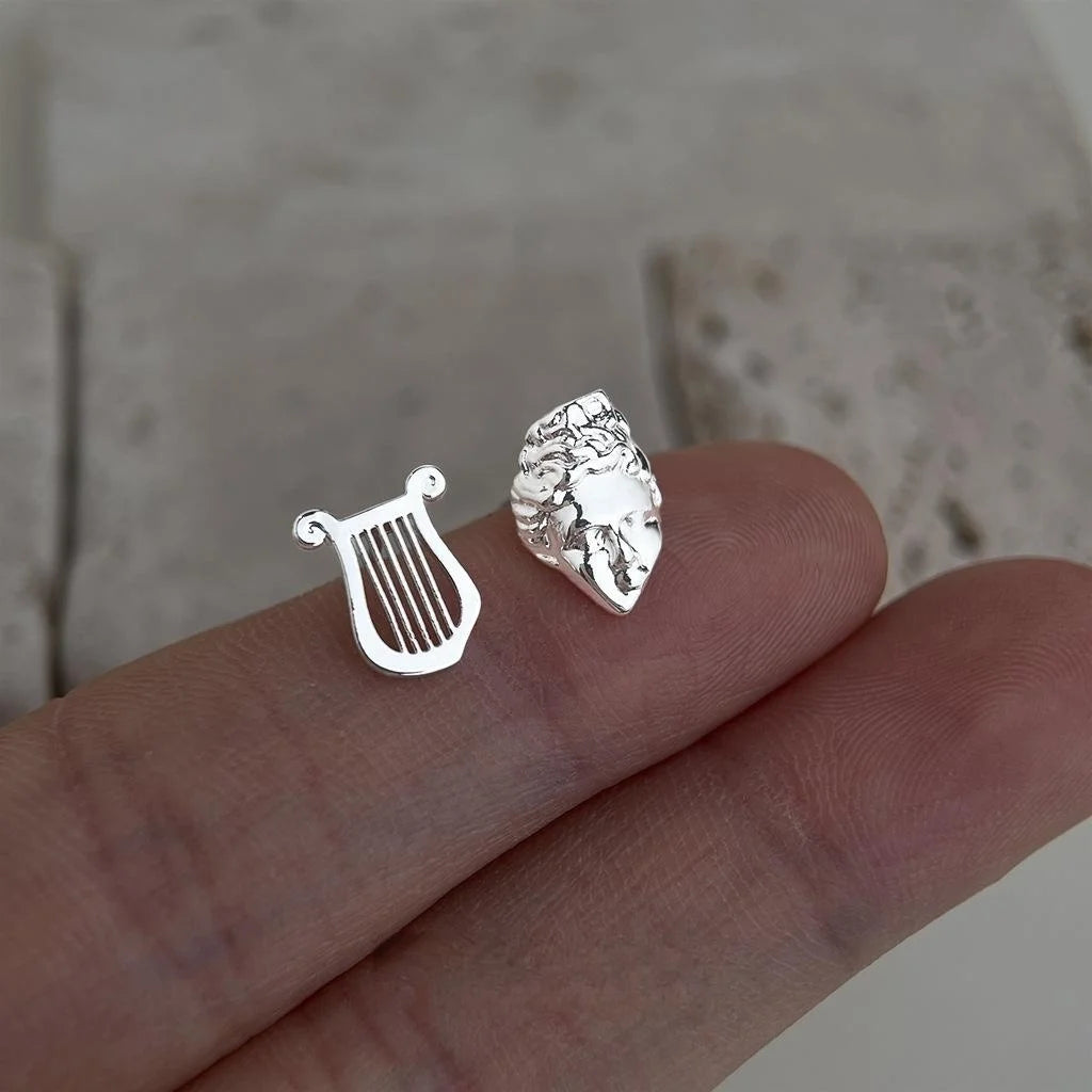 Eco-Friendly Copper Asymmetric Musical Instrument Opera Mask Stud Earrings Minimalist Geometric Style