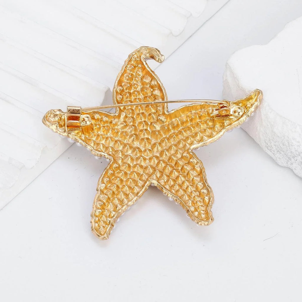 Luxury Starfish Brooch With Pearls And Rhinestones, Gold Alloy Lapel Pin Corsage Suit Accessory Gift