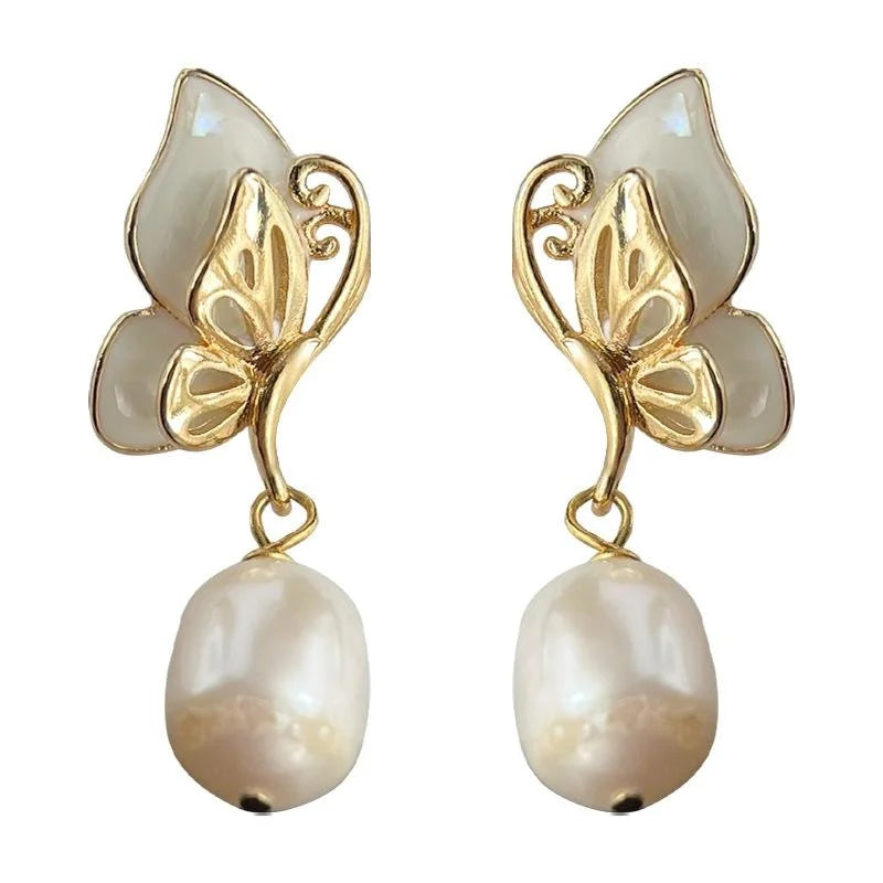 Elegant French Butterfly Drop Earrings Copper Shell Freshwater Pearl Handmade Light Luxury Jewelry
