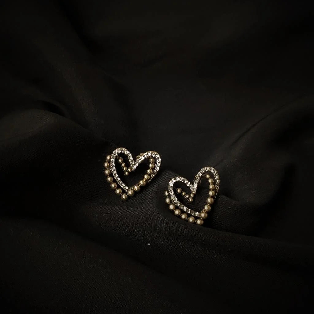 Vintage Antique Gold Copper Double Layer Heart Stud Earrings With Silver Plated Pins