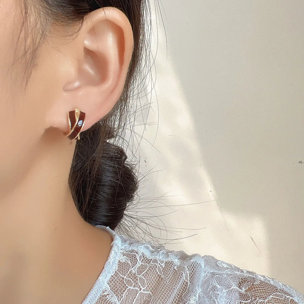 Vintage Luxury Red Enamel Cross Hoop Spiral Alloy Stud & Clip On No Piercing Statement Earrings