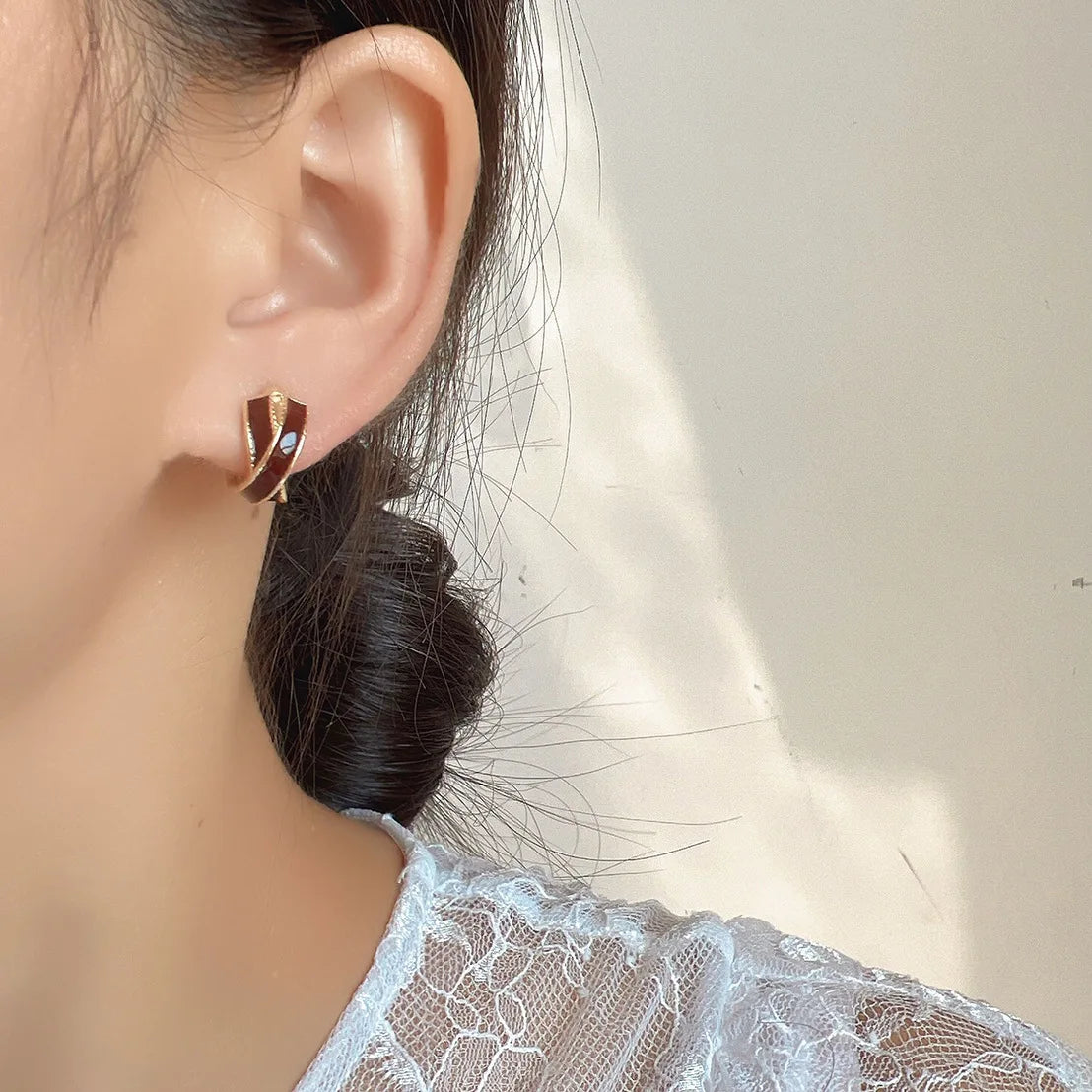 Vintage Luxury Red Enamel Cross Hoop Spiral Alloy Stud & Clip On No Piercing Statement Earrings