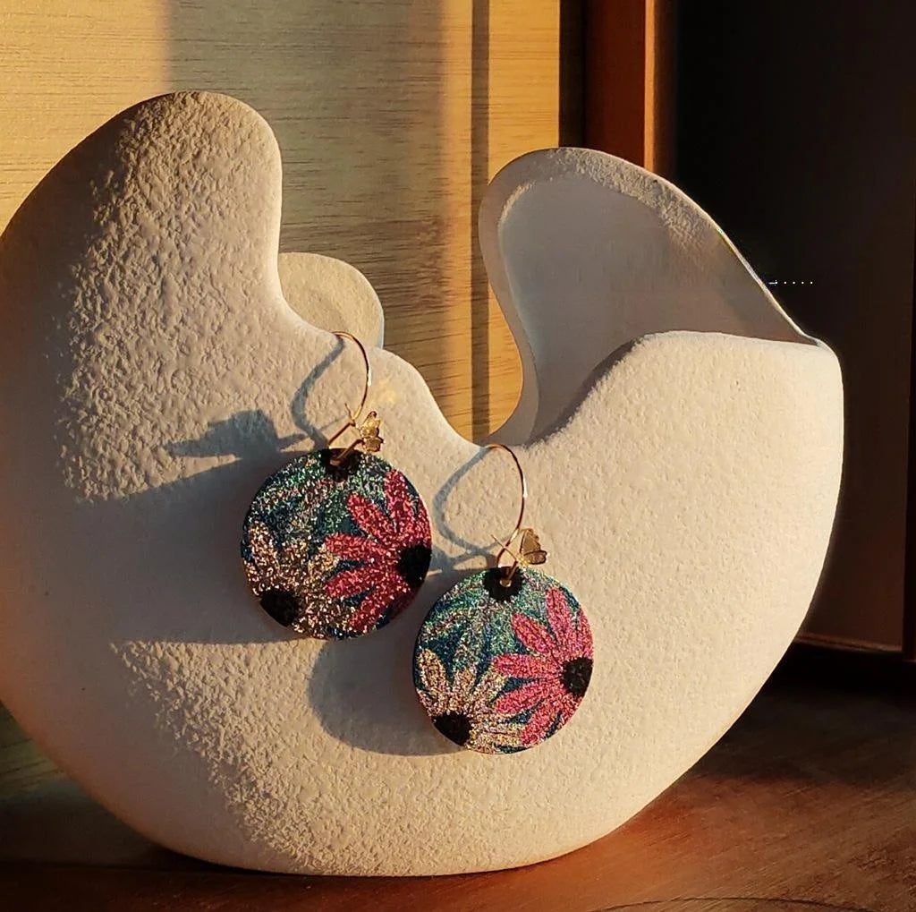 Gold Plated Copper Round Geometric Butterfly Flower Drop Earrings Ethnic Painted Statement Jewelry