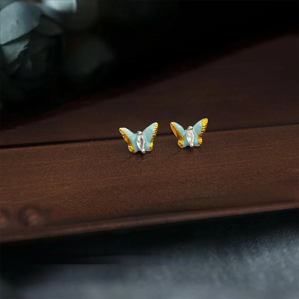 Vintage Enamel Gradient Haze Blue Mini Butterfly Stud Earrings Copper