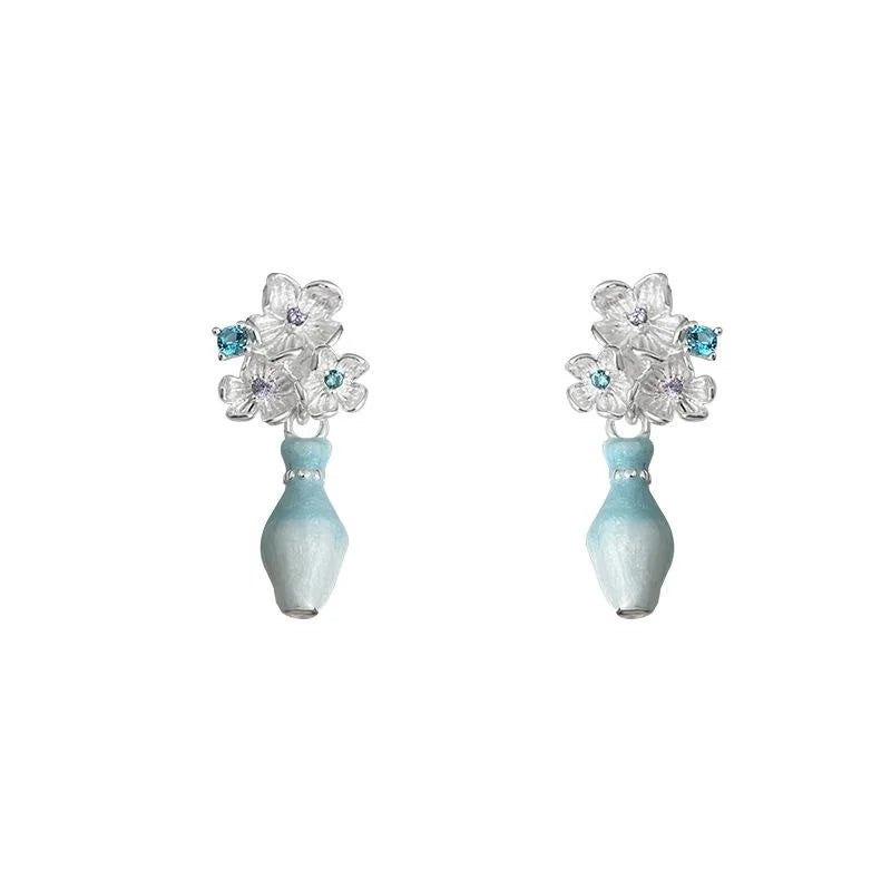 Elegant Gradient Drip Glaze Enamel Vase Flower Drop Earrings Silver Plated Copper Cool Tone