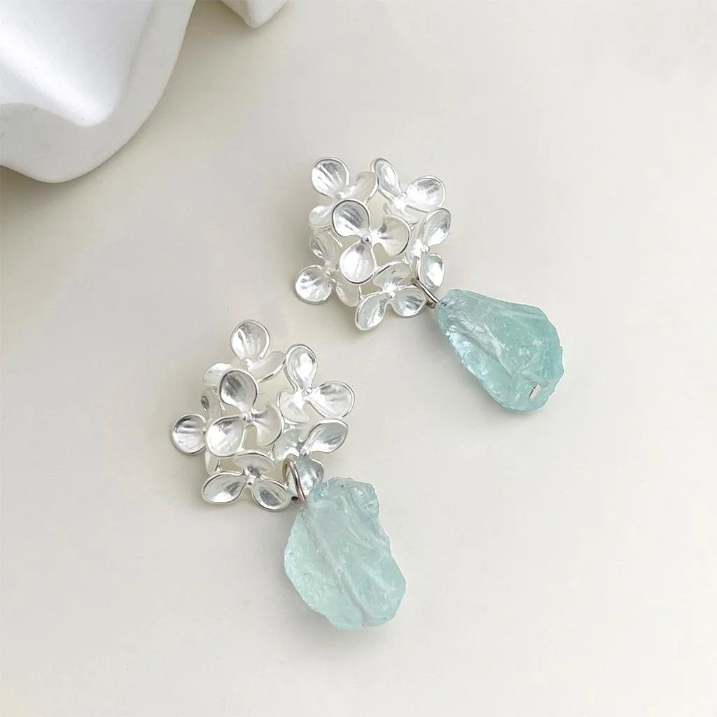 Natural Blue Crystal Flower Copper Drop Earrings Sweet Summer Vacation Jewelry