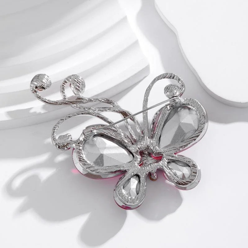 Elegant Pink Crystal Rhinestone Butterfly Brooch, Sparkling Alloy Lapel Pin Corsage Gift For Women