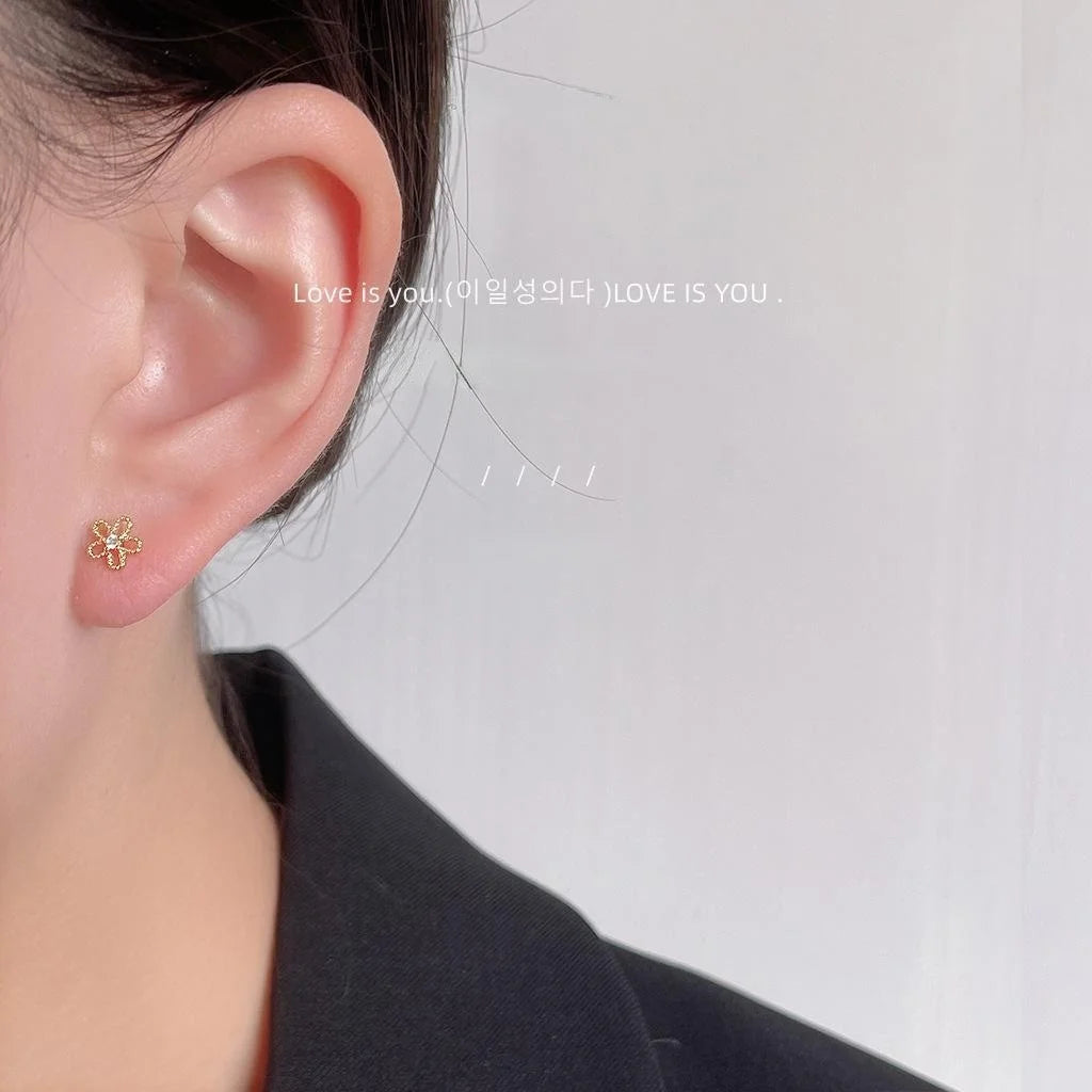 Mini Zircon Flower Stud Earrings 14K Gold Plated Copper Sweet Minimalist Jewelry