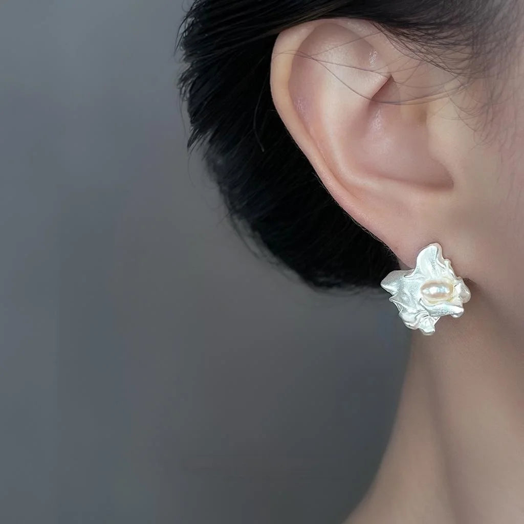 Irregular Heart Freshwater Pearl Stud Earrings Liquid Silver Minimalist Statement Design