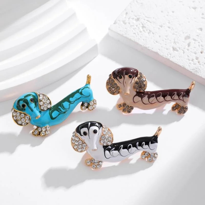 Cute Enamel Dachshund Dog Brooch With Rhinestone Ears, Alloy Animal Lapel Pin Gift For Women